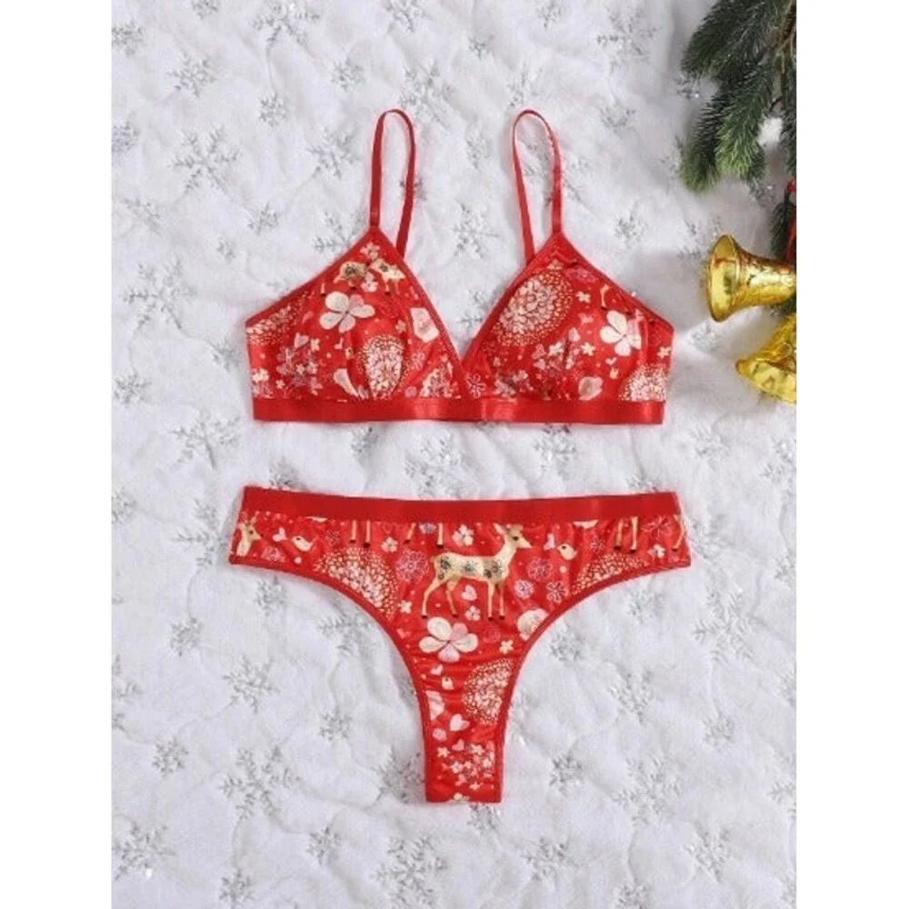 16 Plus (2X) Red Christmas Print 2 Piece Lingerie Set